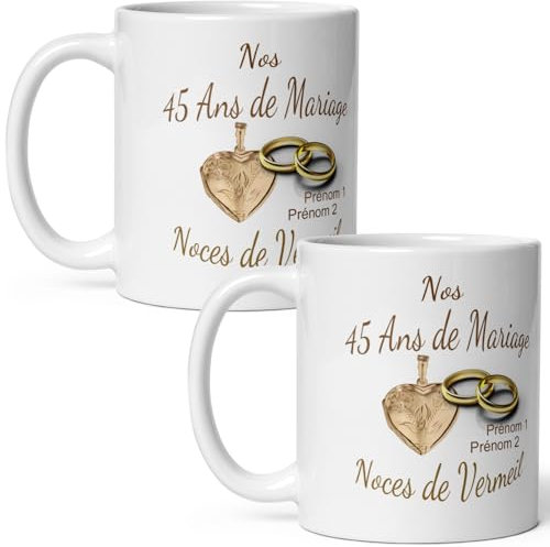 Mug duo 45 ans noces de Vermeil personnalisable anniversaire mariage 2 prénoms tasse Idée Cadeau Originale Famille couple mari femme noel fete époux épouse