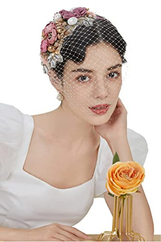 BABEYOND 1920er Jahre Fascinator Mesh Schleier Stirnband Braut Hochzeit Tee Party Fascinator Schleier für Frauen, Dusty Rose, Einheitsgröße