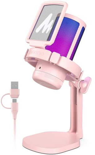 MAONO Gaming Mikrofon PC, Geräuschunterdrückendes Kondensator Mikrofon für Streaming Podcast Studio, USB Mikrofon für PS5/PS4/Mac mit Steuerbare RGB Licht, One Touch Stummschaltung, Gain Regler, Rosa