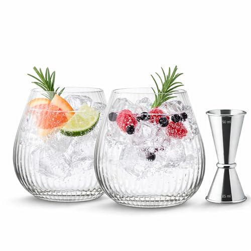 Utopia Hayworth Stemless Gin Glass & Jigger Set – 2× 650ml Gin Glasses with 25/50ml Stainless Steel Jigger, Cocktail Serving Set for Gin & Tonic, Spritz & Home Bar