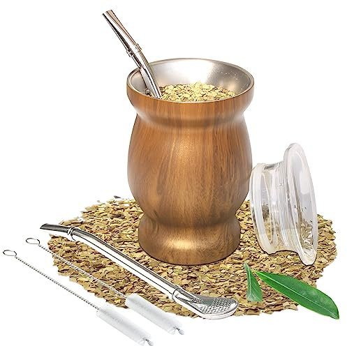 Bombilla Yerba Mate Calabaza, Juego de Tazas de Té de Acero Inoxidable de 8 oz con Tapa Multifuncional, Dos Pajitas y Cepillos de Limpieza (Marrón)