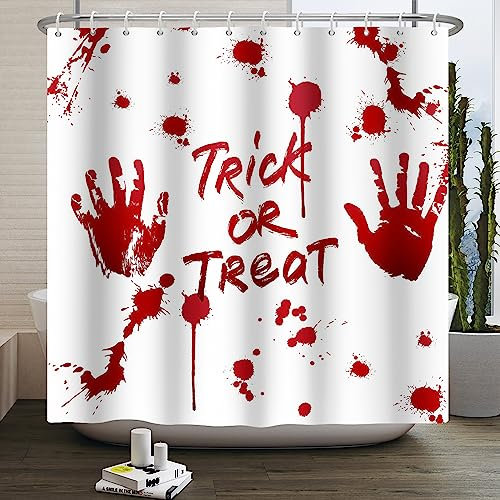 SDOTPMT 120x180cm Trick or Treat Duschvorhang Gruselige Horror Haus Blutiger Handprint Weißer Bad Vorhang Halloween Thema Badewanne Vorhang für Badezimmer Dekor mit Haken