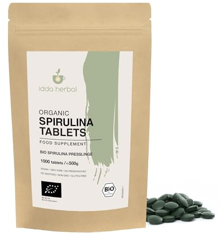 Bio Spirulina Presslinge 500mg, 1000 Tabletten (500g), Spirulina Algen aus kontrolliert biologischem Anbau, 100% rein und natürlich ohne Zusatzstoffe, Vegan