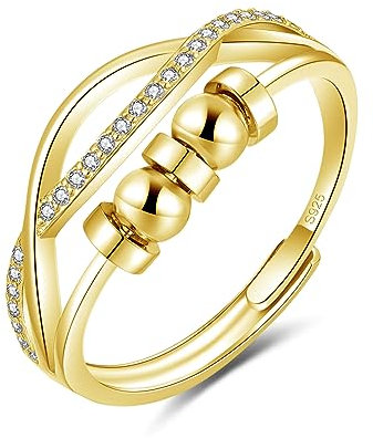 Bewenda Silber Anxiety Ring, 925 Sterling Silber Angst Ringe für Frauen Damen, Gold Bead Spinner Fidget Ring mit Zirkon, Verstellbar Offen Anti Stress Ringe, Unendlichkeit Stimmungsring mit 5 Perlen