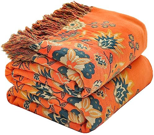 HOORDRY Sofa Throws Blanket Bedspread with Tassels for Sofas Large 3 or 4 Seater 100% Cotton Throws For Bed Sofa Couch Armchair Orange & Green 230×250CM(90×98In)