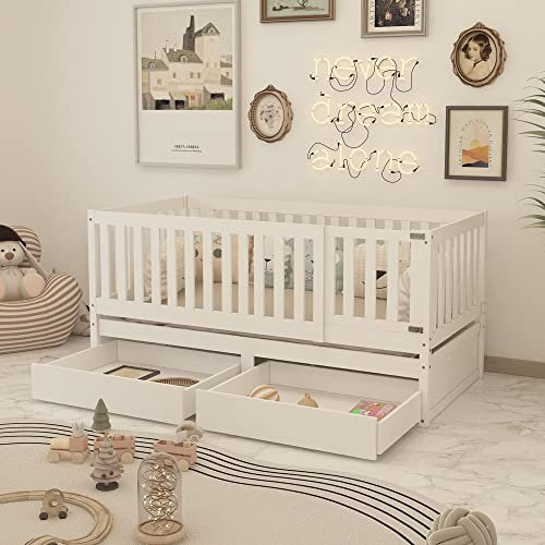 WIZBED Bodenbett Kinderbett 90x200 cm, Flexibler Rausfallschutz abnehmbar, Umbaubar, Montessori Design, Holzbett mit Lattenrost und 2 Schubladen, weiß ohne Matratze