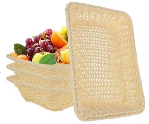 4 Pièces Corbeille a Pain en Poly Osier 35 x 25 x 7cm Panier a Pain,rectangulaires en osier pain fruits légumes paniers, panier de service alimentaire, Corbeille a Fruit Osier pour restaurant boutique