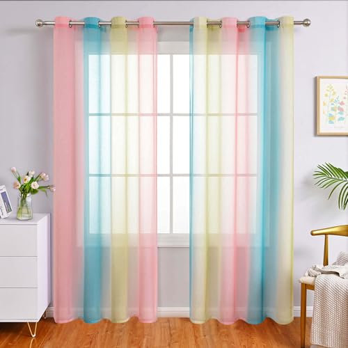 WUBODTI Bunte Vorhänge, 213 cm lang, für Mädchenzimmer, Kinderzimmer, Stangentasche, Rosa, Blau und Gelb, Ombré-Vorhänge, Kunstleinen, lichtfilternd, Regenbogen-Vorhänge, 2 Paneele für Wohnzimmer,
