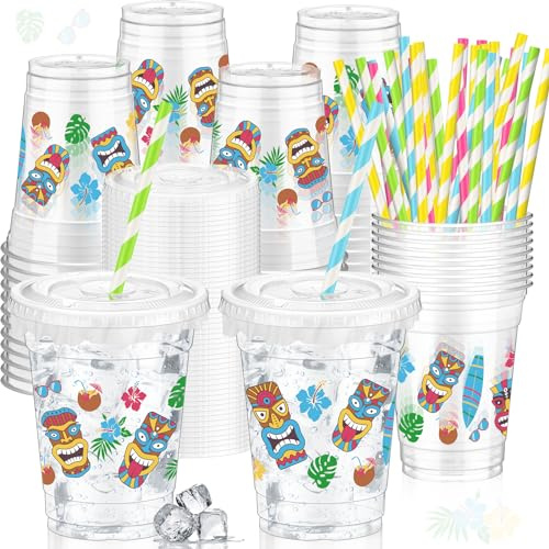 FoldTier Hawaiian Party Decorations Cups 12 oz Luau Party Decorations Plastic Cold Drinks Tiki Cups Clear Disposable with Lids Straws for Summer Holiday Tropical Supplies