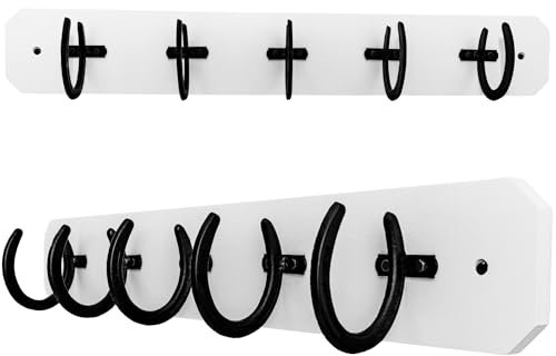 Rustic Coat Rack Wall Mount with Horseshoe Hooks | 36.5 Coat Hanger Wall Mount | Large Wall Coat Rack | Wall Mounted Coat Rack | Wooden Coat Rack Wall Mount (White Plate with Black Horseshoe Hooks)