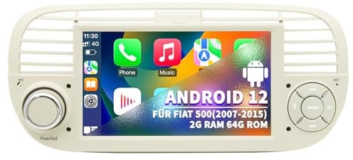 Autoradio per FIAT 500 2007 2008 2009 2010 2011 2012 2013 2014 2015, Sistema Android 12 2G+64G con GPS Navi CarPlay Android Auto, 7 pollici IPS Touchscreen WiFi Bluetooth FM Controllo al Volante
