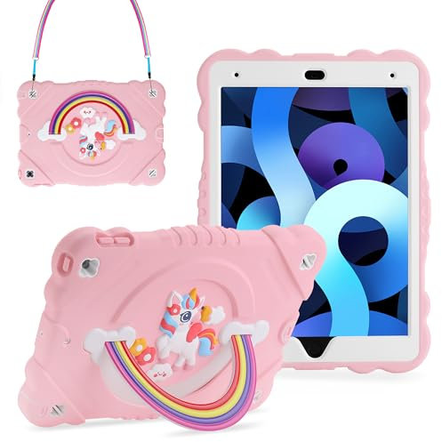 XZC Schutzhülle für iPad 9. / 8. / 7. Generation 2021 / 2020 / 2019 (10,2 Zoll), Einhorn-Design, strapazierfähig, stoßfest, mit integriertem Standband, für Kinder, Mädchen, Damen, Rosa