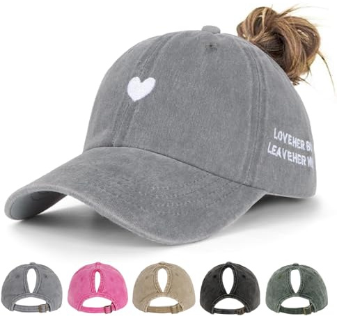 Acado Ponytail Baseball Cap for Women - Distressed Vintage Washed Adjustable Embroidered High Bun Hat Ladies