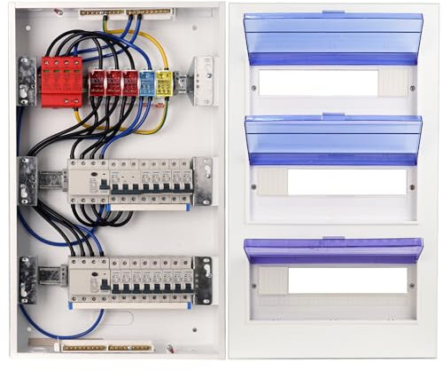 CHENGPI Verteilerkasten mit 4P FI Leistungsschalter Typ A 40A 30mA FI RCCB und B16 Sicherungen,Sicherungskasten mit 4P Überspannungsschutz und Sammelschiene,Aufputz 3-Reihig Schaltschrank03