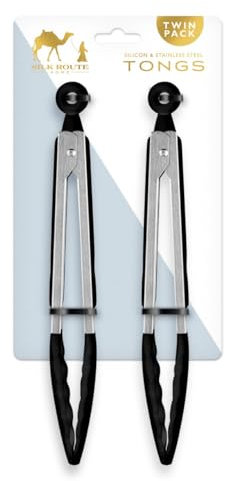 Silk Route Home Stainless Steel & Black Silicone 2 Pack Food Tongs Kitchen Utensil