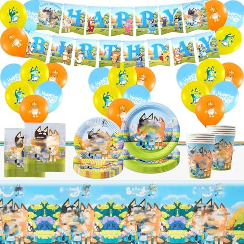 Partygeschirr Geburtstagsdeko,70 Stück Kindergeburtstag Deko Partygeschirr Kindergeburtstag Set Pappteller Kindergeburtstag Deko Tischdecke Servietten Teller und Becher Luftballon Banner