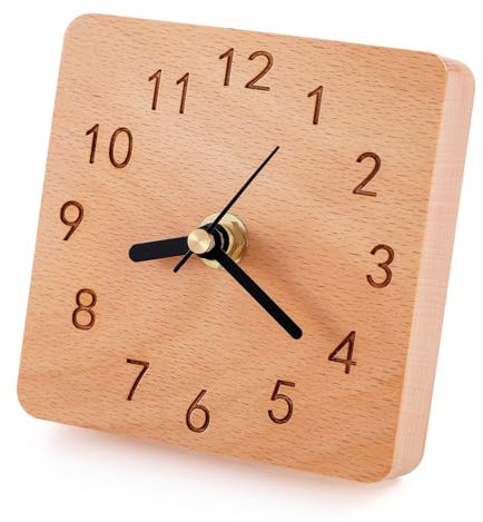 Kattepote Reloj de Mesa de Madera de 10 cm, Funciona con Pilas, Reloj Decorativo, Silencioso, sin tictac, para estantería, Escritorio, Oficina, Sala de Estar o decoración del Dormitorio,Beech Wood