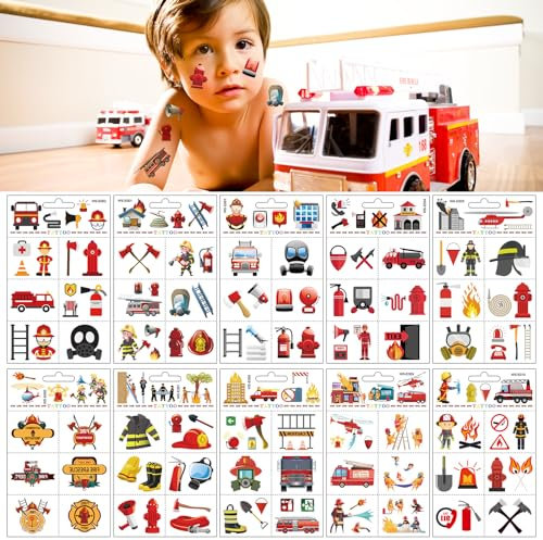10 Blätter Feuerwehr Tattoo Kinder, Feuerwehr Kinder Tattoos zum Aufkleben, Fireman Temporäre Tattoo Set, Hautfreundliche Kindertattoos als Geschenk, Wasserdichte Sticker für Mädchen Jungen