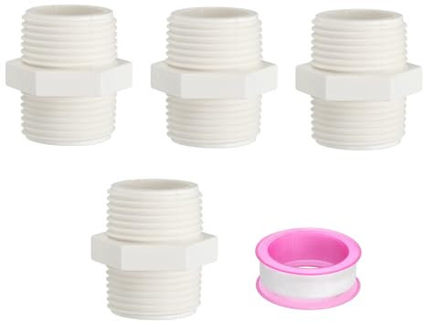 PATIKIL Raccords de Tuyauterie en PVC Mamelon G 1, 4 Pièces Adaptateur de Couplage Mâle à Mâle Hexagonal Connecteur Droit avec Ruban de Plombier pour Réservoirs d'eau, Blanc