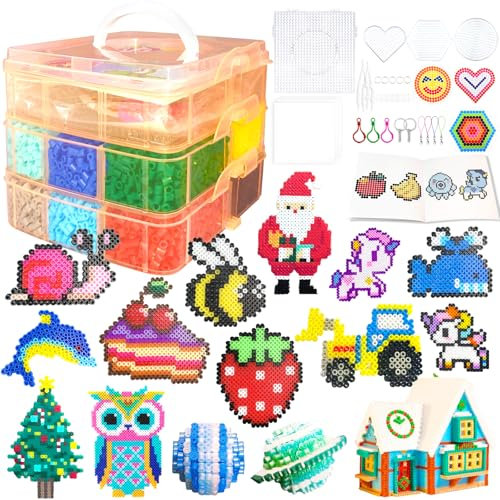 Sicherungsperlen-Set für Kinder – 11000 Sicherungsperlen, 20 Farben, 5 mm Perlen, Bastelsets mit Aufbewahrungsbox, Stecktafeln und Zubehör, Kunst- und Bastelset für Mädchen und Jungen, kreative