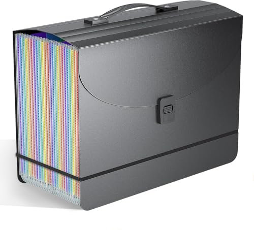 25 Pockets File Organiser Box File Folder with Handle,Filing Box Document Organiser Expanding File Folers for Paperwork A4 Concertina File Bill Receipt Paper Organiser,2 x Coloured Tabs