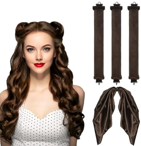 XoeLLe 3 Stück Heatless Curls mit Seidentuch, Lockenwickler Uber Nacht, Locken Ohne Hitze, Hair Curlers No Heat für Alle Haartypen Weiche Haarrolle zum Schlafen Lockenstab für Langes Haar (Braun)