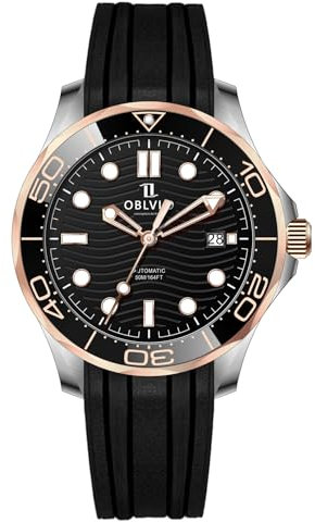 OBLVIO Automatische Taucheruhr, Schwarzes Silikonband, Wellenmuster Zifferblatt, Datumsanzeige, Om-tpbbr, Luxuriös