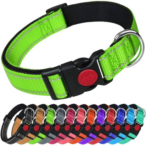 LARRYROO Reflective Dog Nylon Collar | Slide Lock Safety Buckle | Fully Adjustable | Soft Neoprene Padding (Green, Extra Large (45cm - 70cm Neck))