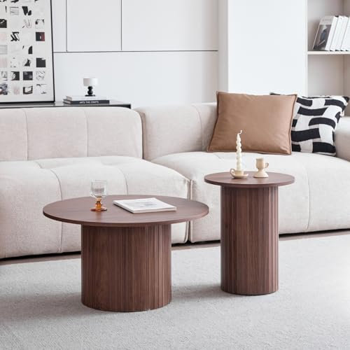 JZGORC 2er-Set Moderner Runder Couchtisch, Römische Säulenbasis, Runder Sofa-Beistelltisch im Landhausstil, Geeignet für Wohnzimmer, Büro – Dunkelbraun