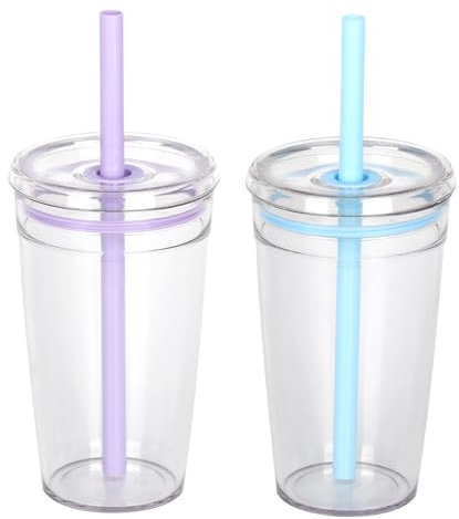 Yisituo 2 Pack 450ml Clear Plastic Iced Coffee Travel Cups, Reusable with Lids and Straws, for Cold Hot Beverages (2, Purple, Blue)