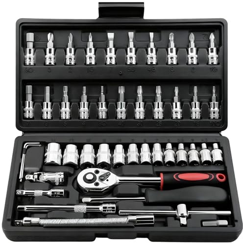 EGOFINE 12pcs 1/4 Inch Mini Ratchet Socket Wrench Set, Drive Socket Set with 10 Sockets (4-13mm) and 2 Way Quick Released Ratchet Handle and Extension Bar, Black