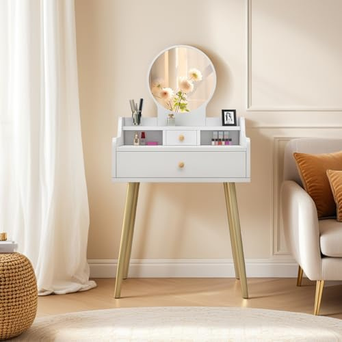 DATO Kinderschminktisch, Schminktisch mit Hocker, Modern Kosmetiktisch aus Holz Weiß (121)