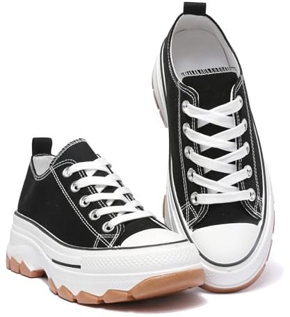 Kids Platform Canvas Trainers – Chunky Lace-Up Sneakers for Boys & Girls, Casual School & Play Shoes Black
