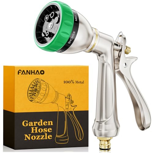 FANHAO Pistola manguera jardin 100% metálica para jardín con 7 patrones de rociado, gatillo trasero ergonómico, rociador con boquilla de manguera de alta presión para regar plantas y lavar coches.