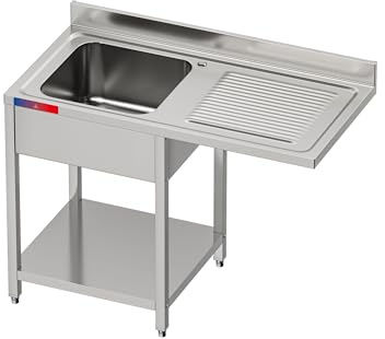 Lavandino industriale con foro per lavabicchieri in acciaio inox, 1 seno + scolapiatti, 120 x 60 x 85 cm, ripiano inferiore, salopette e gambe regolabili (monocomando gomito, seno sinistro)