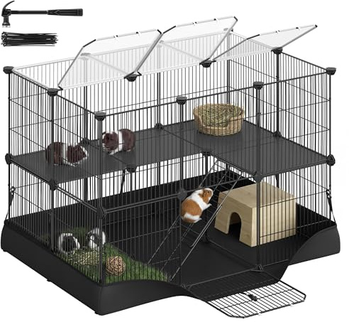 SONGMICS 2-Tier Guinea Pig Cage, Rabbit Cage, Small Animal Playpen with Waterproof Mat, Top and Side Door, 35 Panels, 36.6 x 24.8 x 24.2 Inches, Ink Black ULPI016BH01