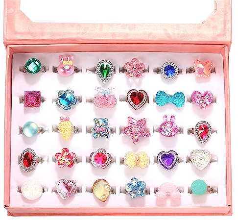 PinkSheep Juwelenringe für kleine Mädchen im Kasten, Mädchen verstellbar Jewel Spiel- und Anziehringe (30PC blingbling)