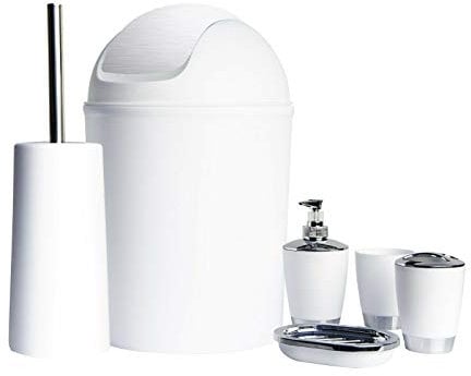Bathroom Set 6pc Bathroom Accessories Set Bin Soap Dispenser Toothbrush Tumbler (White)