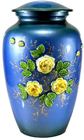 eSplanade Metall-Urnen-Gedenkglas-Behälter | Urne in voller Größe für die Bestattung der Bestattungsasche | 3D-Delphin gedruckt | Blau-Schwarz – 10 Zoll (Blaues Blumenmuster)