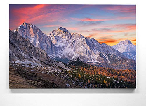 Atemberaubendes Berg Bild Sonnenaufgang Dolomiten - als 100x75cm große XXL Leinwand. Tolles Wandbild als Hintergrund und Deko für Wohnzimmer & Schlafzimmer. Fertig aufgespannt auf 4cm Holz-Keilrahmen