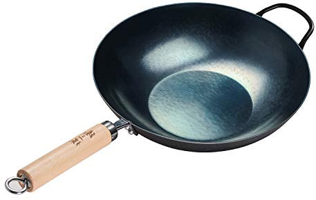 ZhenSanHuan: Handgehämmerter Eisen-Wok mit flachem Boden, induktionsgeeignet, 34 cm im Durchmesser, Holzgriffstange mit Haltegriff