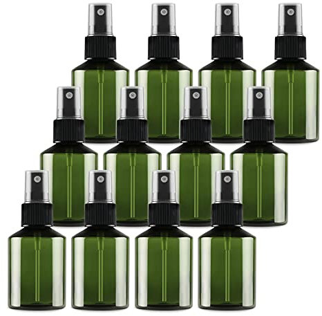 TIANZD 12 Pieces Empty 100 ml Green PET Plastic Fine Mist Pump Spray Bottles with Black Sprayer for Cosmetic Perfume Water Travel Portable Containers Refillable, 2x Funnel