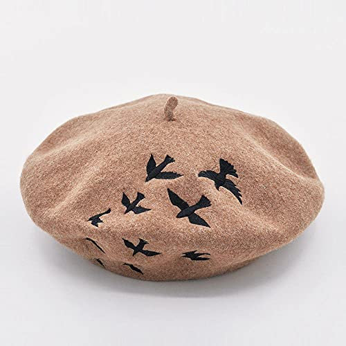 ileibmaoz Barett Baskenmützen Damen Baskenmütze Bestickte Süße Vögel Mützen Für Frauen Französischer Malerhut Fashion-Camel_Beret_22.4-23.2Inch