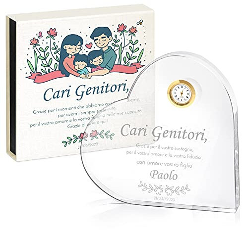 Maverton Cuore di Vetro con Orologio - Soprammobili Moderni con Incisione - in Scatola Personalizzata - Confetti e Decorazioni Casa - Idee Regalo per Anniversario - Genitori