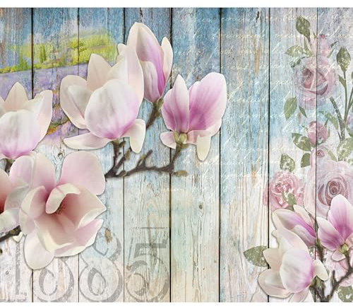 decomonkey - Papier Peint Panoramique Fleurs Bois 450x315 cm - Décoration murale moderne – Tapisserie décorative pour chambre salon - Bois fleurs magnolias bleu rétro roses rose vintage
