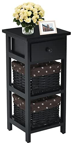 GIANTEX Nachttisch Nachtschrank, Nachtkommode mit Schublade & 2 Körben, Korbkommode Antik, Nachtkonsole Korbregal Massivholz, Beistellschrank Beistelltisch für Schlafzimmer (Schwarz)