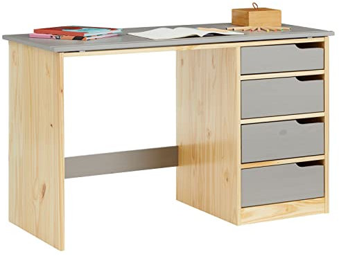 IDIMEX Kinderschreibtisch aus massiver Kiefer in Natur/grau, praktischer Schreibtisch mit neigungsverstellbarer Tischplatte, schöner Jugendschreibtisch mit 4 Schubladen