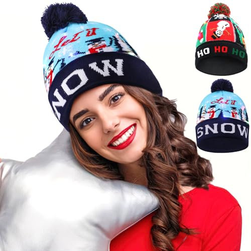 2er-Pack Weihnachtsmützen für Kinder Frauen Männer, AMMIE beleuchtete Strickmütze, warme Weihnachtsmütze, LED-bunte leuchtende Mütze mit 6 bunten Lichtern, LED-Weihnachtsmütze für Silvesterparty