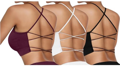 Vertvie Damen Sport BH Gepolstert Crossback Yoga Sports Bra Spaghettiträger Rücken Verkreuzt Gerippt Bustier Ohne Bügel Atmungsaktiv BH mit Abnehmbaren Cups(3pc: Schwarz + Weiß + Weinrot,M)