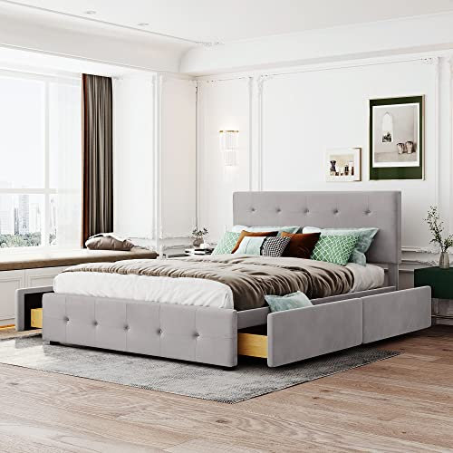 BTM Samt-Polsterbett 140×200 cm mit 4 Schubladen & Lattenrost – graues Doppelbett mit Rückenlehne, geräuscharmem Stahlrahmen, für Erwachsene/Jugendliche, ohne Matratze